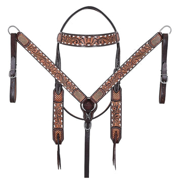 Hilason Horse Floral Hand Carved American Leather Breast Collar Headstall Dark Brown